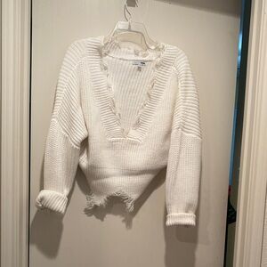Fashion Nova Cream Frayed V-Neck Sweater